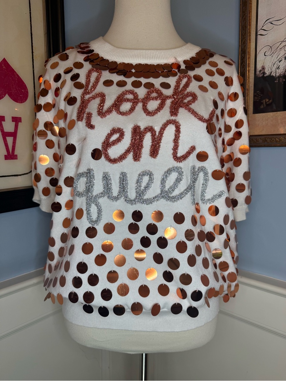 Queen of Sparkles Hook 'em queen University of Texas Longhorns sequined sweater